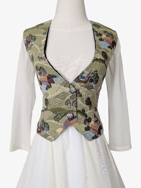 Vintage Tapestry Waistcoat Vest Embroidered Farm Houses Boho Size Medium